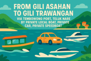 From Gili Asahan To Gili Trawangan via Tembowong Port, Teluk Nare by Private Local Boat, Private car, Private Speedboat