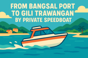 A private speedboat cruising from Bangsal Port toward Gili Trawangan, with calm ocean waves, a sandy beach, and tropical trees in the background.