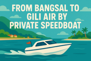A private speedboat cruising across turquoise waters from Bangsal to Gili Air, with tropical scenery and distant hills in the background.