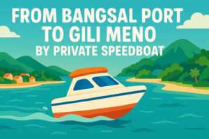 A private speedboat traveling from Bangsal Port toward Gili Meno, with tropical hills, palm trees, and a calm shoreline in the background.
