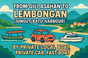 A private local boat, car, and a fast boat lined up on a tropical shoreline, with winding roads and hills in the background.