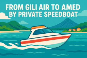 A private speedboat sailing from Gili Air toward Amed, with ocean waves and mountain views.